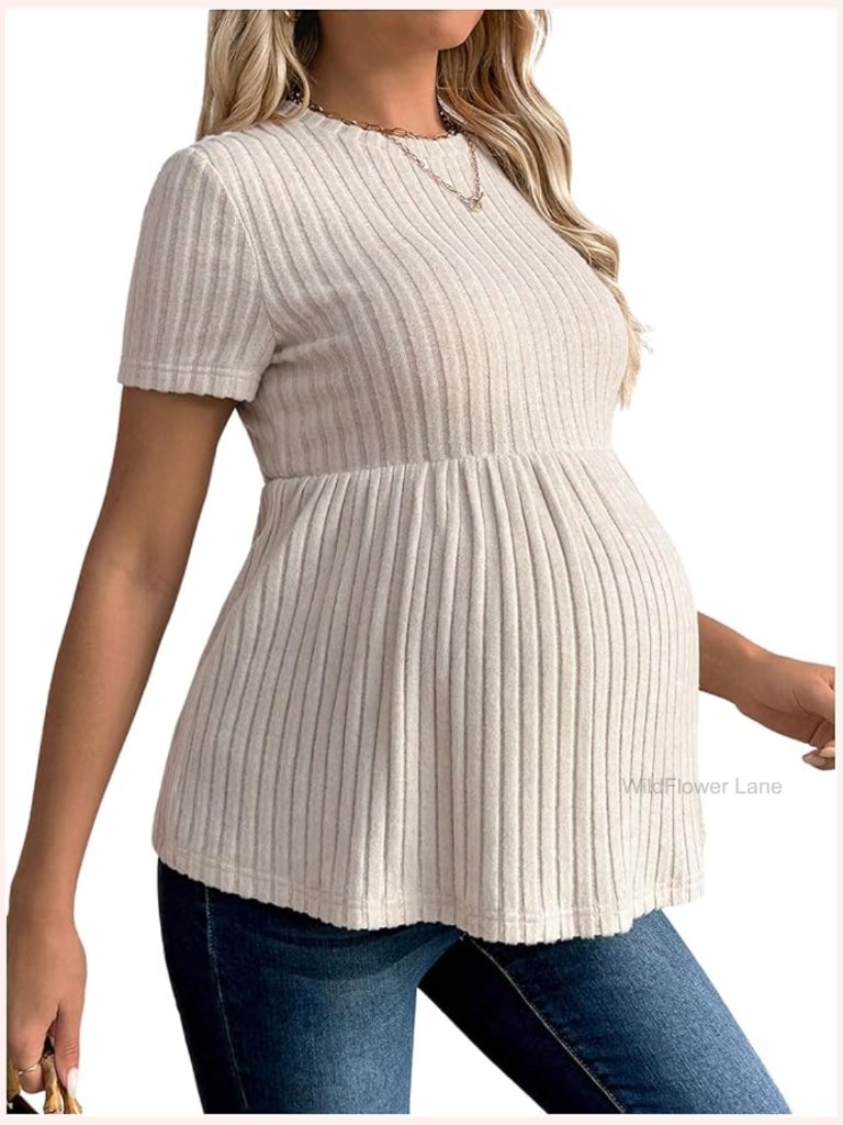 Ruffle Hem Maternity T Shirt Short Sleeve Crewneck Ribbed Knit Peplum Tee Tops